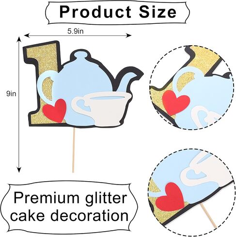 أعلى كعكة عيد الميلاد الأول - كعكة إبريق الشاي أليس مزينة بالأعلام، تزيين كعكة عيد الميلاد الأول لطفلة، تزيين طاولة الحلوى، دعائم الصور، مناسبة جدًا لحفلة عيد ميلاد لفتاة تبلغ من العمر عامًا واحدًا (Alice Teapot CakeTopper) in Kuwait