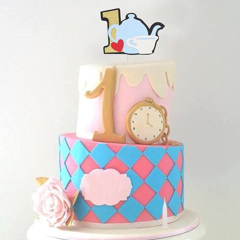 أعلى كعكة عيد الميلاد الأول - كعكة إبريق الشاي أليس مزينة بالأعلام، تزيين كعكة عيد الميلاد الأول لطفلة، تزيين طاولة الحلوى، دعائم الصور، مناسبة جدًا لحفلة عيد ميلاد لفتاة تبلغ من العمر عامًا واحدًا (Alice Teapot CakeTopper) in Kuwait