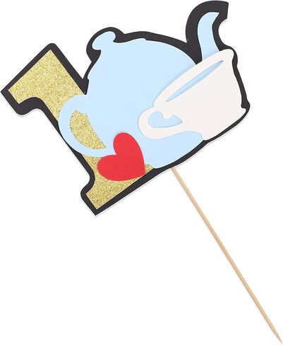 أعلى كعكة عيد الميلاد الأول - كعكة إبريق الشاي أليس مزينة بالأعلام، تزيين كعكة عيد الميلاد الأول لطفلة، تزيين طاولة الحلوى، دعائم الصور، مناسبة جدًا لحفلة عيد ميلاد لفتاة تبلغ من العمر عامًا واحدًا (Alice Teapot CakeTopper) in Kuwait