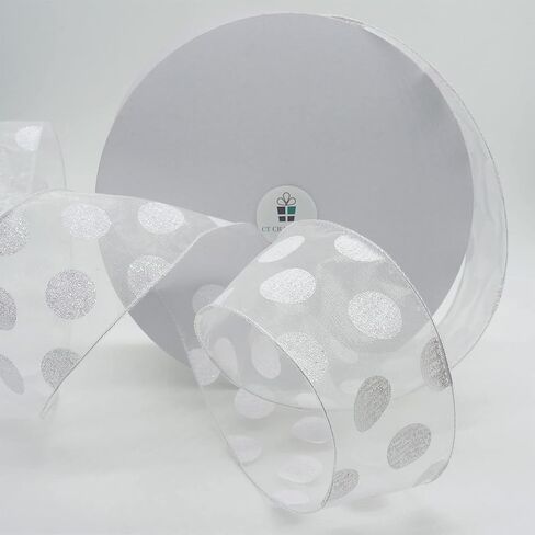 CT CRAFT LLC أورجانزا مع شريط سلكي بنقاط فضية لامعة - 2.5 بوصة × 50 ياردة لعيد الميلاد، الزفاف، ديكور المنزل، تغليف الهدايا، صناعة القوس، إكليل الزهور، الحرف اليدوية in Kuwait