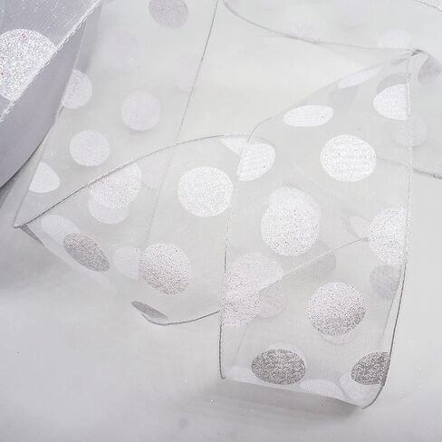 CT CRAFT LLC أورجانزا مع شريط سلكي بنقاط فضية لامعة - 2.5 بوصة × 50 ياردة لعيد الميلاد، الزفاف، ديكور المنزل، تغليف الهدايا، صناعة القوس، إكليل الزهور، الحرف اليدوية in Kuwait