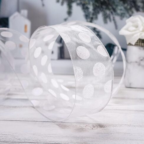 CT CRAFT LLC أورجانزا مع شريط سلكي بنقاط فضية لامعة - 2.5 بوصة × 50 ياردة لعيد الميلاد، الزفاف، ديكور المنزل، تغليف الهدايا، صناعة القوس، إكليل الزهور، الحرف اليدوية in Kuwait