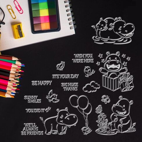 GLOBLELAND Happy Hippo Silicone Clear Stamps Transparent Stamps for People Birthday Valentine's Day Cards Making DIY Scrapbooking Photo Album Decoration Paper Craft in Saudi Arabia