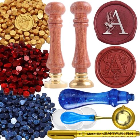 مجموعة ختم الشمع على شكل حرف C، مجموعة ختم الشمع من ONWINPOR قطعتين من أوراق الأوكالبتوس الأبجدية C مع مقبض خشبي كريستالي و300 قطعة من خرز ختم الشمع باللون الأحمر والذهبي الأزرق وملعقة الشمع والشموع (C) in Kuwait