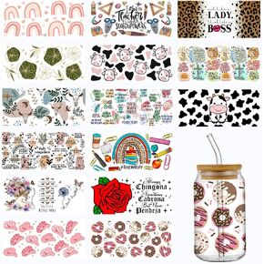 YOKUSHI UV DTF Cup Wrap Transfer Sticker for Glass, 15Sheets Rub on Transfers Stickers for Crafting Furniture-DIY Waterproof Decals UV DTF Transfer Sticker for 16OZ Libbey Glass Cups (Coffee Cup) in Kuwait