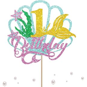 Mermaid Three Cake Topper, Happy 3rd Birthday Cake Decor for Baby Girl, Little Mermaid Birthday Party Decoration, Under the Sea Themed Party Supplies - Gold Glitter