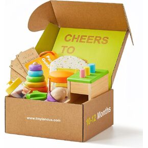Tiny Land Montessori Toy Set for Babies 7-9 Months Senser Play Kit - 5-in-1 Wooden Learning Toys with Object Permanence Box, Sensory Ball, Stacking Cups and Mirror Puzzle,Body Board Book | Object permanence box, sensory ball, stacking cups, mirror puzzle, in Kuwait