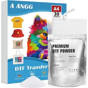 A ANGG DTF Transfer Film and Powder Kit for DTF & Sublimation Printer, 30 Sheets A4 One-side Glossy DTF Film, 8.8oz DTF Powder, with Sensor Recognition Stickers, Direct-to-Film Transfer for Any Fabric