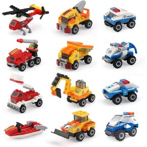 Mini Building Blocks Cars Toys Sets 12 Packs Assembly Mini Cars Toys for Boys, Girls Stem Building Car Assorted Construction Truck Fire Trucks Police Cars Party Favor Goodie Bags for Kids. in Kuwait
