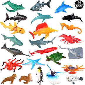 24-Pack Sea Ocean Animal Figures - Realistic Plastic Pool Party Toys Set with Turtle, Octopus, Shark - Children's Educational Birthday Gifts