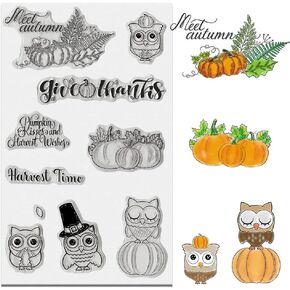 طوابع ALIBBON Fall Owl الشفافة لصنع البطاقات وديكورات ألبوم الصور، طوابع شفافة لحصاد اليقطين، كلمات الشكر، طوابع مطاطية من السيليكون الشفاف لصنع البطاقات وسجلات القصاصات بنفسك