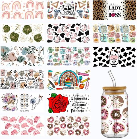 YOKUSHI UV DTF Cup Wrap Transfer Sticker for Glass, 15Sheets Rub on Transfers Stickers for Crafting Furniture-DIY Waterproof Decals UV DTF Transfer Sticker for 16OZ Libbey Glass Cups (Coffee Cup) in Kuwait