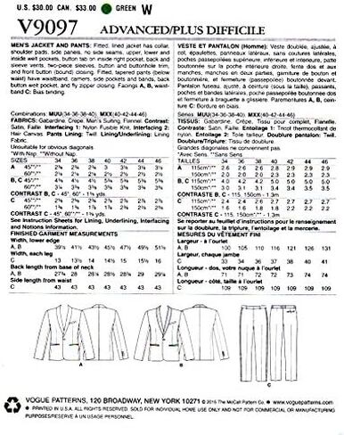 Vogue أنماط v9097mxx الرجالي ، جاكيت وبنطال الخياطة قالب ، المقاس mxx (40 – 42 – 44 – 46 بوصة) in Saudi Arabia