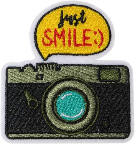 JPT - Just Smile Camera Photo Cute Cartoon Embroidered Applique Iron/Sew on Patches Badge Cute Logo Patch on Vest Jacket Shirt Hat Jean Clothing Bag in Kuwait
