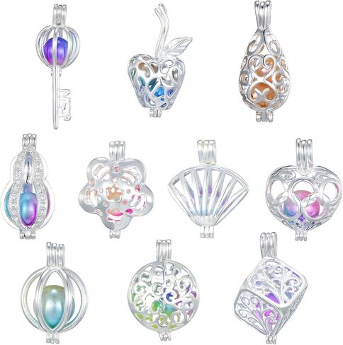 10Pcs Bright Silver Cute Pearl Bead Cages Pendant Wholesale Essential Oil Scent Diffuser Locket Cage Charms for DIY Bracelet Necklace Earrings Jewelry Making in Kuwait