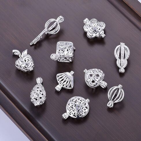 10Pcs Bright Silver Cute Pearl Bead Cages Pendant Wholesale Essential Oil Scent Diffuser Locket Cage Charms for DIY Bracelet Necklace Earrings Jewelry Making in Kuwait