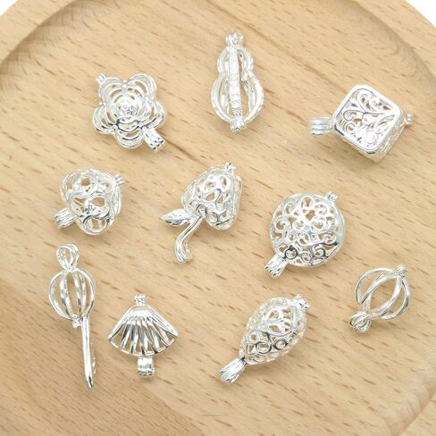 10Pcs Bright Silver Cute Pearl Bead Cages Pendant Wholesale Essential Oil Scent Diffuser Locket Cage Charms for DIY Bracelet Necklace Earrings Jewelry Making in Kuwait