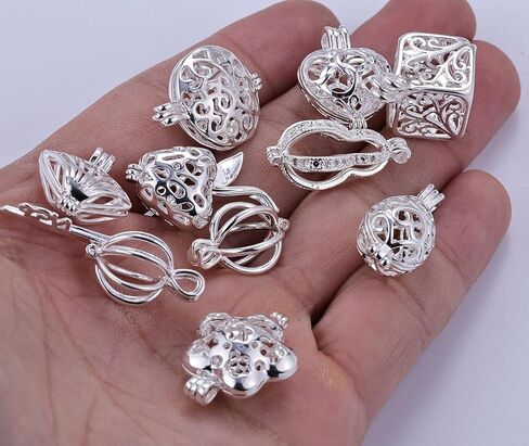 10Pcs Bright Silver Cute Pearl Bead Cages Pendant Wholesale Essential Oil Scent Diffuser Locket Cage Charms for DIY Bracelet Necklace Earrings Jewelry Making in Kuwait