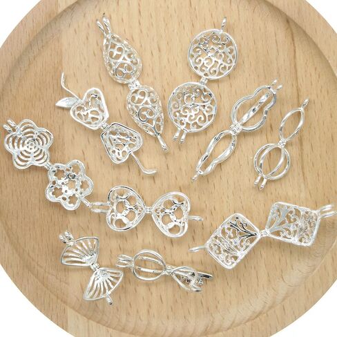 10Pcs Bright Silver Cute Pearl Bead Cages Pendant Wholesale Essential Oil Scent Diffuser Locket Cage Charms for DIY Bracelet Necklace Earrings Jewelry Making in Kuwait