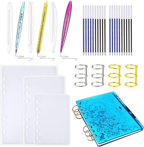 الازوني 30 قطعة من قوالب الراتنج على شكل قلم وغطاء نوت بوك، مجموعة قوالب صب الراتنج مع حلقات للكتب، اقلام حبر جاف لاعادة التعبئة لاقلام النوت بوك وصنع قوالب الراتنج in Kuwait