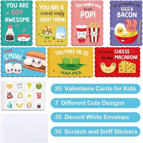 Joyseller Pack of 35 Valentines Day Cards for Kids School | 7 Assorted Designs of Valentines Cards with 35 Scented Stickers & 35 Envelops | Valentines Gifts for Boys Girls Classroom Exchange  in Kuwait