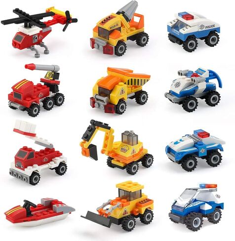 Mini Building Blocks Cars Toys Sets 12 Packs Assembly Mini Cars Toys for Boys, Girls Stem Building Car Assorted Construction Truck Fire Trucks Police Cars Party Favor Goodie Bags for Kids. in Kuwait