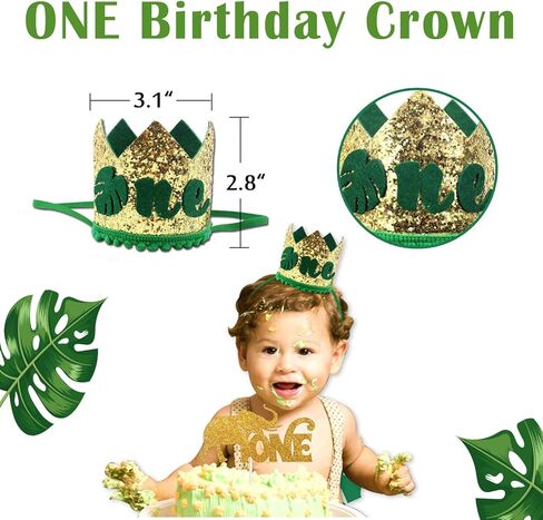 LYNLIN 1st Birthday Crown Hat for Baby Boy Girl, Jungle Safari Green Number ONE First Birthday Cap Crown for Birthday Party Decor for Baby Shower Birthday Party Photo Prop in Saudi Arabia