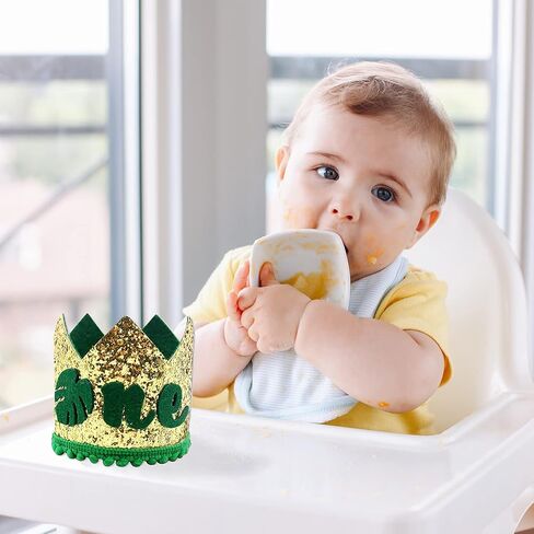 LYNLIN 1st Birthday Crown Hat for Baby Boy Girl, Jungle Safari Green Number ONE First Birthday Cap Crown for Birthday Party Decor for Baby Shower Birthday Party Photo Prop in Saudi Arabia