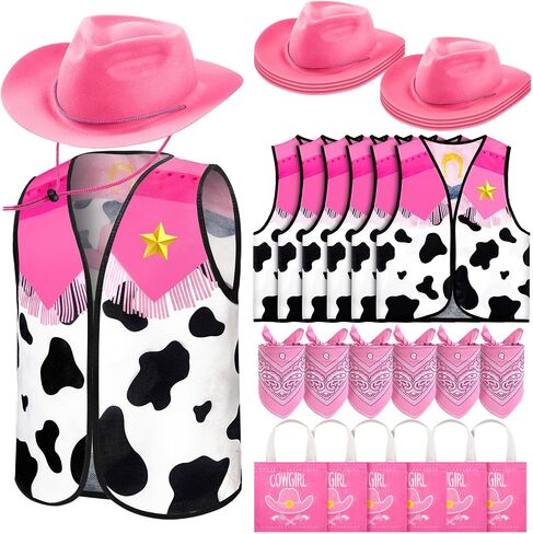 Toulite 24 Pcs Western Cowgirl Costume Set Cowboy Cowgirl Outfit 6 Plastic Felt Hats 6 Vest Tops 6 Paisley Bandanas 6 Bags in Saudi Arabia