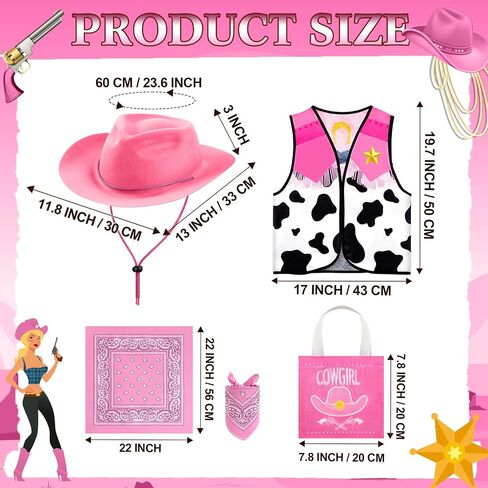 Toulite 24 Pcs Western Cowgirl Costume Set Cowboy Cowgirl Outfit 6 Plastic Felt Hats 6 Vest Tops 6 Paisley Bandanas 6 Bags in Saudi Arabia