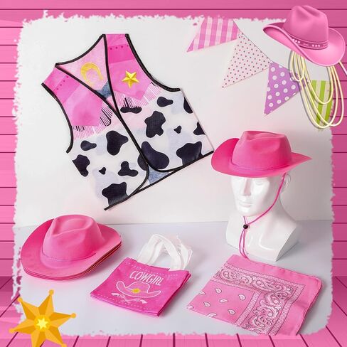 Toulite 24 Pcs Western Cowgirl Costume Set Cowboy Cowgirl Outfit 6 Plastic Felt Hats 6 Vest Tops 6 Paisley Bandanas 6 Bags in Saudi Arabia