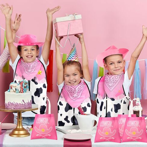 Toulite 24 Pcs Western Cowgirl Costume Set Cowboy Cowgirl Outfit 6 Plastic Felt Hats 6 Vest Tops 6 Paisley Bandanas 6 Bags in Saudi Arabia