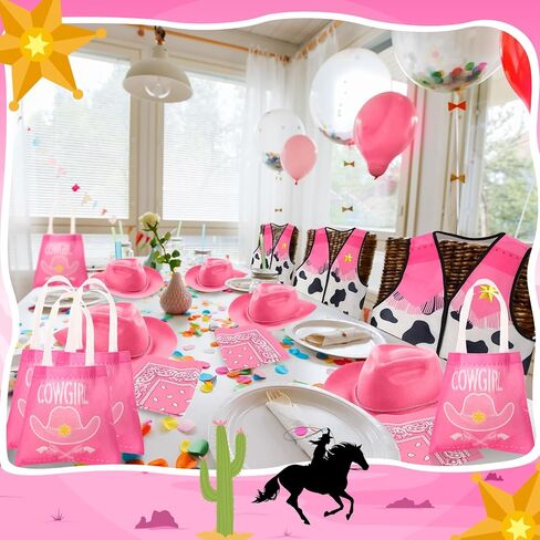 Toulite 24 Pcs Western Cowgirl Costume Set Cowboy Cowgirl Outfit 6 Plastic Felt Hats 6 Vest Tops 6 Paisley Bandanas 6 Bags in Saudi Arabia