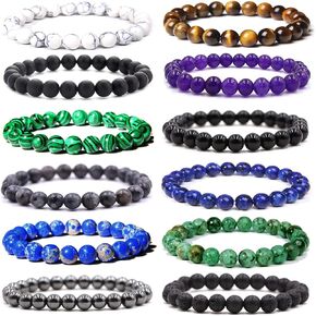 JEWPARK 12 قطعة 8 مم مجموعة أساور الأحجار الكريمة شبه الكريمة شفاء كريستال حجر أساور ممتدة للرجال والنساء أساور مرنة مطرزة مستديرة in Kuwait