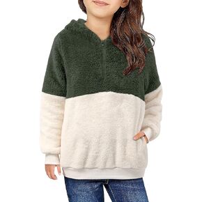 Yoklass Sherpa Hooded Girl's Fuzzy Hoodies Crew Neck Zipper Warm Loose Sweatshirt Size 6-15