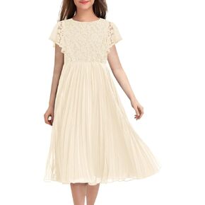 HOSIKA فستان فتاة الزهور أنيق عتيق من الدانتيل 3/4 كم على شكل حرف A مطوي فستان رسمي لحفلات الزفاف in Kuwait