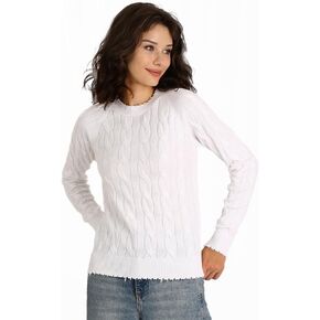 Minnie Rose Women's Long Sleeve Crewneck Cotton Cable Frayed SweaterÊÊ