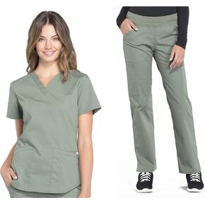 مجموعة ملابس العمل النسائية الاحترافية WW665 بلوزة برقبة على شكل حرف V وWW170 متوسطة الارتفاع مستقيمة الساق قابلة للسحب على البضائع، زيتوني - S Top/S Pant in Kuwait