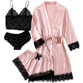 LYANER Women's 4pcs Sleepwear Satin Floral Lace Trim Cami Pajama Set with Robe
