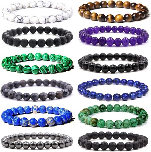 JEWPARK 12 قطعة 8 مم مجموعة أساور الأحجار الكريمة شبه الكريمة شفاء كريستال حجر أساور ممتدة للرجال والنساء أساور مرنة مطرزة مستديرة in Kuwait