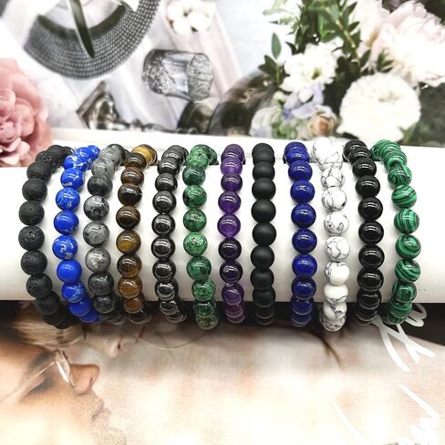 JEWPARK 12 قطعة 8 مم مجموعة أساور الأحجار الكريمة شبه الكريمة شفاء كريستال حجر أساور ممتدة للرجال والنساء أساور مرنة مطرزة مستديرة in Kuwait