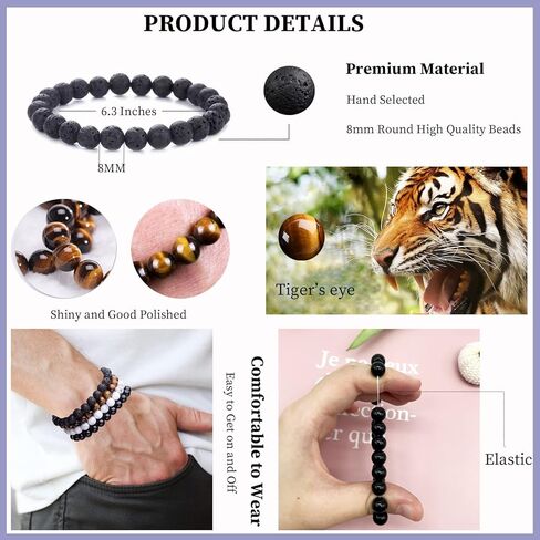 JEWPARK 12 قطعة 8 مم مجموعة أساور الأحجار الكريمة شبه الكريمة شفاء كريستال حجر أساور ممتدة للرجال والنساء أساور مرنة مطرزة مستديرة in Kuwait