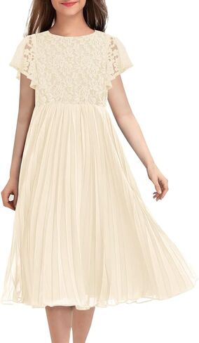 HOSIKA Flower Girl Dress Elegant Vintage Lace 3/4 Sleeve A-Line Pleated Formal Wedding Party Dress in Kuwait