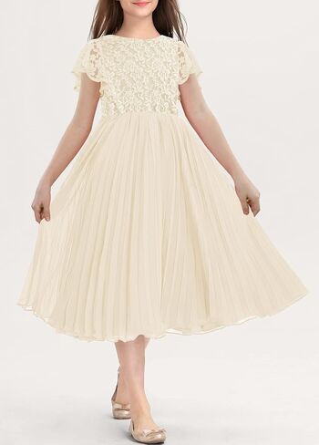 HOSIKA Flower Girl Dress Elegant Vintage Lace 3/4 Sleeve A-Line Pleated Formal Wedding Party Dress in Kuwait