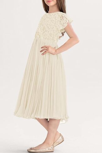 HOSIKA Flower Girl Dress Elegant Vintage Lace 3/4 Sleeve A-Line Pleated Formal Wedding Party Dress in Kuwait