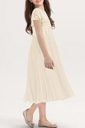 HOSIKA Flower Girl Dress Elegant Vintage Lace 3/4 Sleeve A-Line Pleated Formal Wedding Party Dress in Kuwait