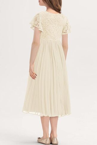 HOSIKA Flower Girl Dress Elegant Vintage Lace 3/4 Sleeve A-Line Pleated Formal Wedding Party Dress in Kuwait