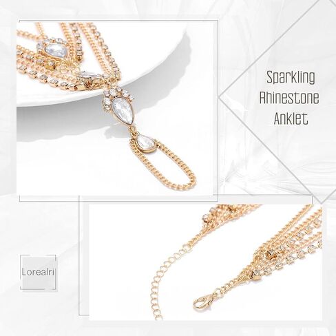 Lorealri Boho Crystal خلخال أساور الذهب حجر الراين قلادة سلسلة الكاحل الصيف الشاطئ للماء عارية القدم مجوهرات للنساء والفتيات في سن المراهقة (1 قطع)، حجر الراين, حجر الراين in Kuwait