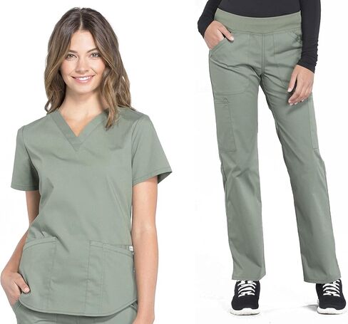 مجموعة ملابس العمل النسائية الاحترافية WW665 بلوزة برقبة على شكل حرف V وWW170 متوسطة الارتفاع مستقيمة الساق قابلة للسحب على البضائع، زيتوني - S Top/S Pant in Kuwait