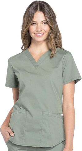 مجموعة ملابس العمل النسائية الاحترافية WW665 بلوزة برقبة على شكل حرف V وWW170 متوسطة الارتفاع مستقيمة الساق قابلة للسحب على البضائع، زيتوني - S Top/S Pant in Kuwait